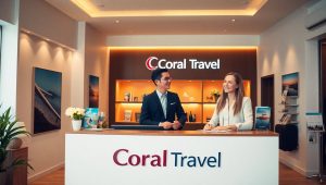 Корпоративный офис турагентства Coral Travel с логотипом и туристическим оформлением